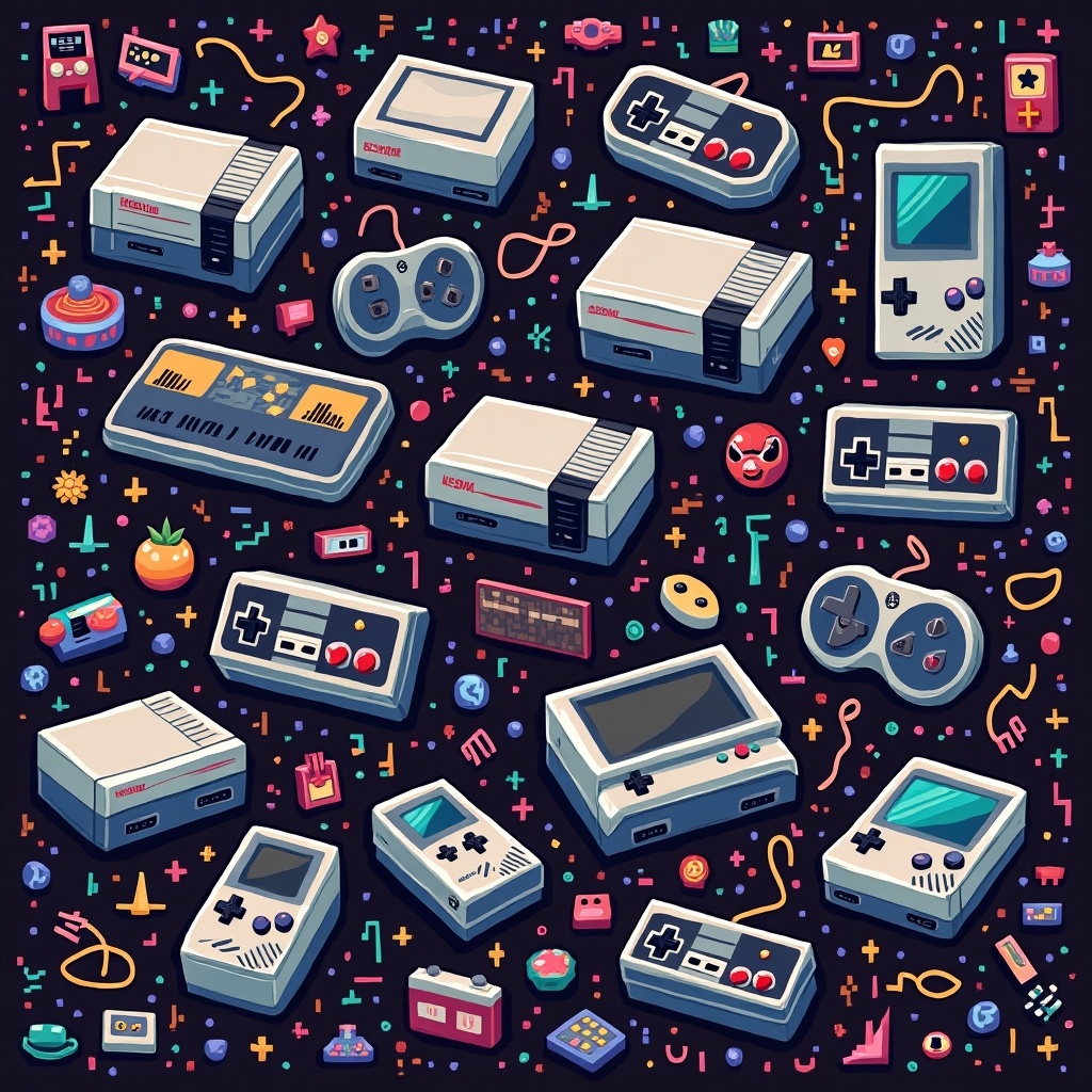 Generate an image filled with various retro gaming consoles, showcasing multiple models and accessories on a colorful, playful background.