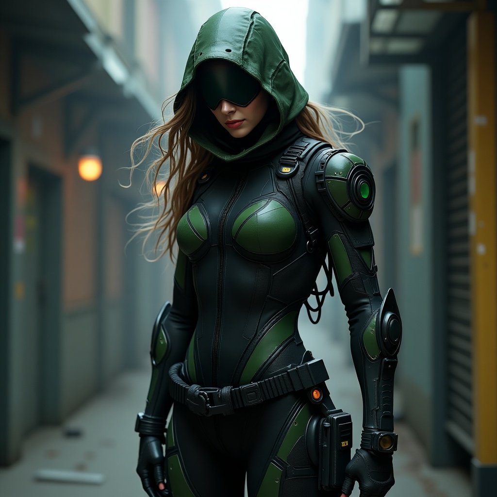 Strong female character wears a stealth suit. The suit has a splinter cell design. The setting is dark and moody. The character appears confident and ready for action.