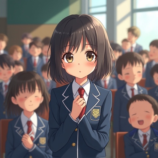 A classroom scene with students seated. Children appear in school uniforms. The main character has hands clasped in front of her. Background shows other classmates. Illustrative anime style with realistic touches.