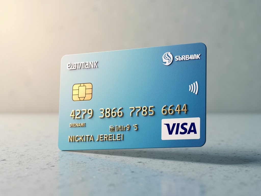 Realistic image of a credit card. Shows Visa logo and Sberbank logo. Displays card number. Name appears clearly. Expiry date is visible. Sturdy table background.