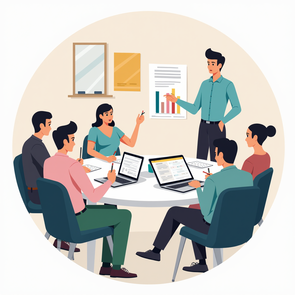 A diverse group of people having a business meeting around a table with laptops and charts.