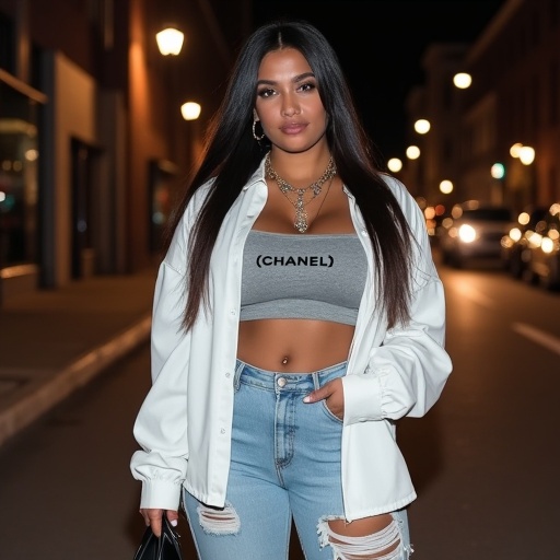 Plus-size woman confidently poses in city street at night. She has long straight hair. She wears cropped gray top and oversized white shirt. Light blue ripped jeans complete her outfit. She holds a small black handbag. Dainty gold jewelry adds style. Dim lighting creates a casual vibe.