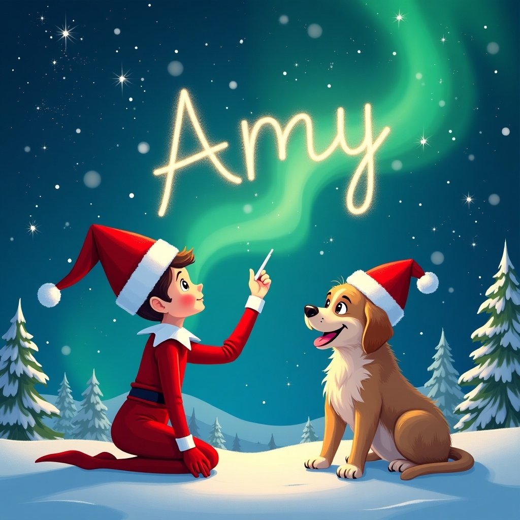 Magical Christmas scene features Elf on the Shelf writing Amy in the sky with a glow. Santa elements and Northern lights are present. A dog sits next to the elf wearing a Santa hat.