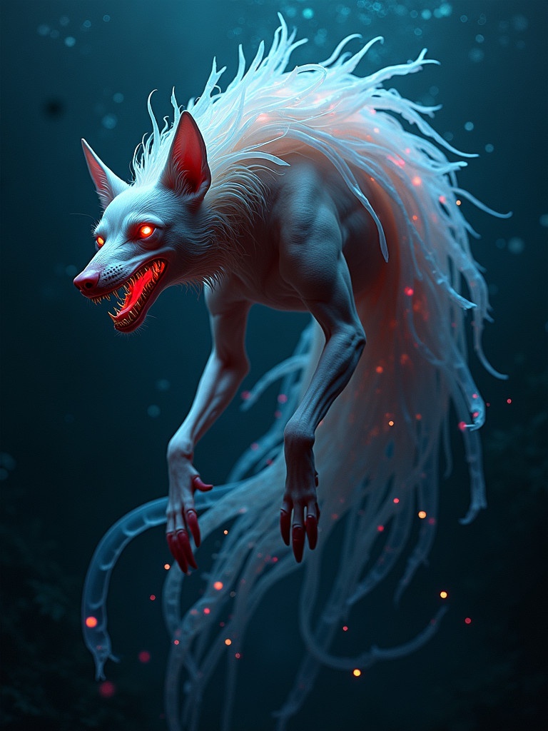 Hybrid creature combining features of a dog and a jellyfish. Upper body has muscular dog appearance with sleek fur, sharp teeth, glowing red eyes, and elongated ears. Lower half consists of translucent jellyfish tentacles pulsating with colors. Creature floats in dark underwater environment surrounded by glowing orbs. Evokes atmosphere of dread and awe with contrasts of shadow and glowing light.