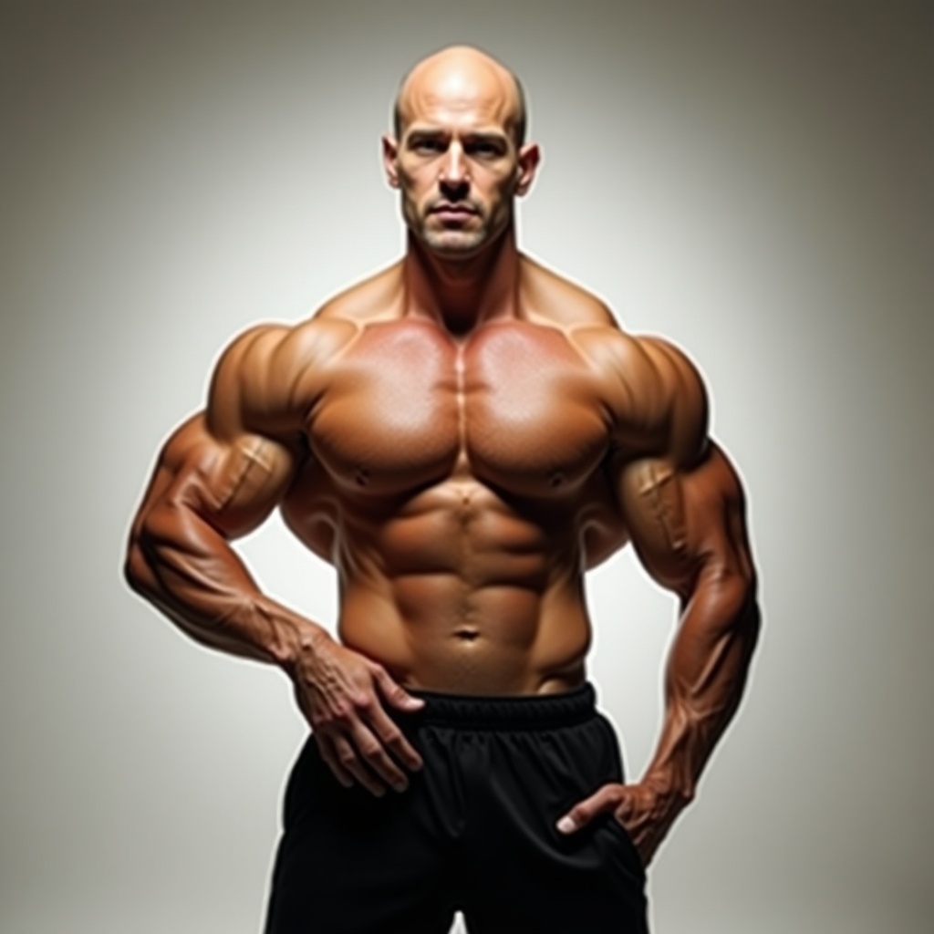 Image shows a muscular man standing confidently with a bald head. He showcases strong arms and chest. Background is a simple studio with soft lighting. He wears black shorts, emphasizing his muscular build.