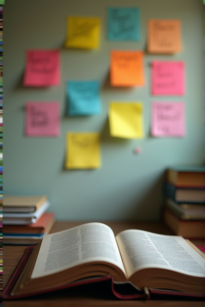 An open book rests on a desk with colorful sticky notes on the wall behind it.