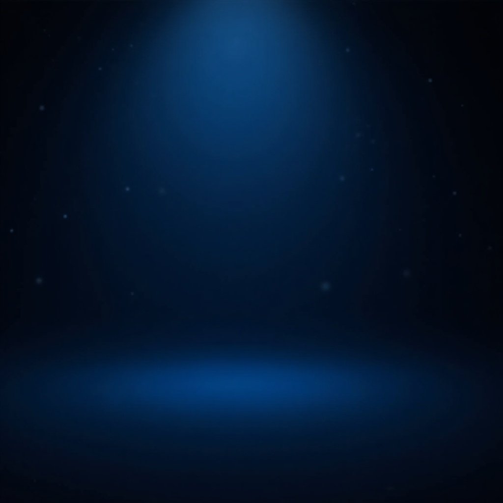 This image features a dark transparent blue background with a soft spotlight effect illuminating the center. The overall ambiance is serene and calming, making it suitable for various digital applications. The background smoothly transitions from a very dark tone to a lighter blue at the center. Subtle glowing particles can be seen in the backdrop, adding depth to the overall design. This versatile backdrop can be used for presentations, video productions, or as a texture in digital artwork.