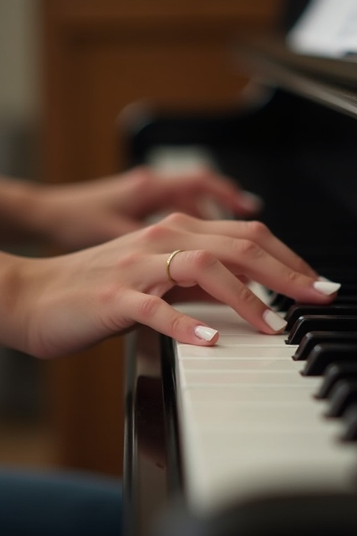 Close-up image of a young woman's hands playing piano. White nail polish on fingertips. Black and white piano keys are focused in the frame. Natural light highlights the hands. Portraying musical artistry. Young woman creating music with skill.