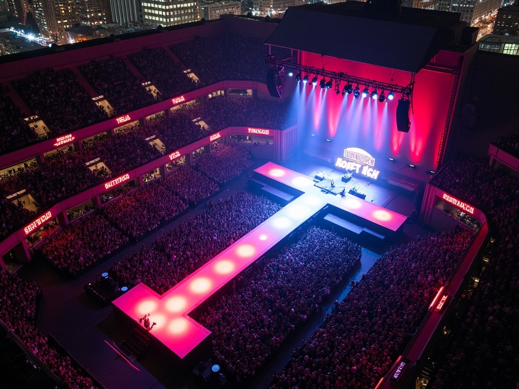 This image features an aerial view of a concert held at Madison Square Garden, specifically showcasing rapper Roddy Ricch on stage. The T-shaped runway extends into the crowd, creating an engaging performance space. Bright lighting accentuates the vibrant atmosphere, with pink and purple hues prominent across the stage. The venue is filled with a large audience, illustrating the excitement of a live music event. Such views highlight the scale and energy of contemporary concerts in iconic locations.