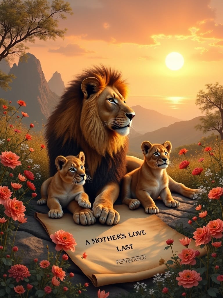 A lion and its two cubs are laid on a scroll. The scroll displays 'A MOTHER'S LOVE LAST FOREVER.' A sunset casts warm tones over a mountainous background filled with flowers.