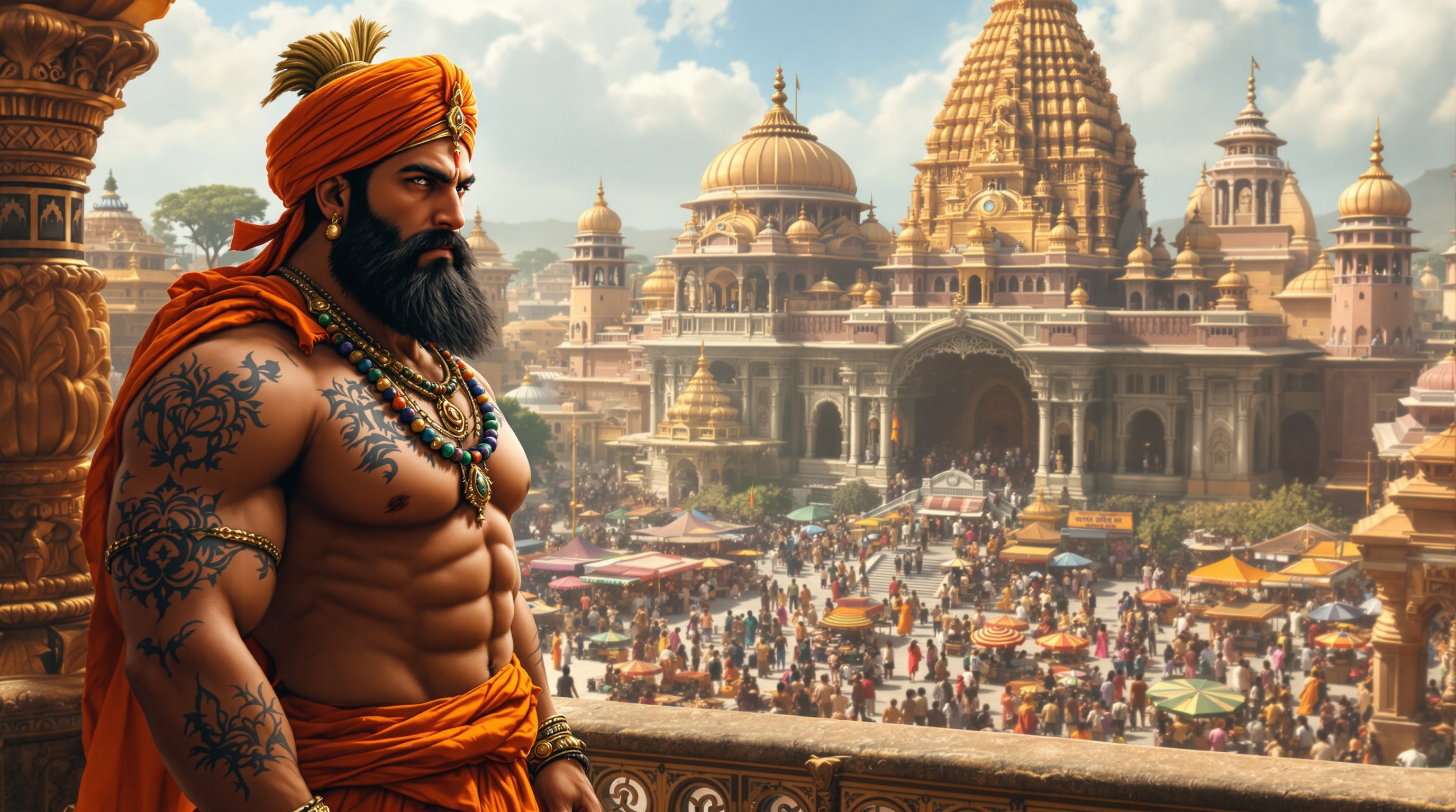 Wide shot of Ujjain kingdom known for markets and beautiful temples. King Vikramaditya stands in foreground wearing orange turban and traditional attire. He has tattoos on his chest and arms. His expression is serious and determined, gazing into the distance as if pondering his destiny.