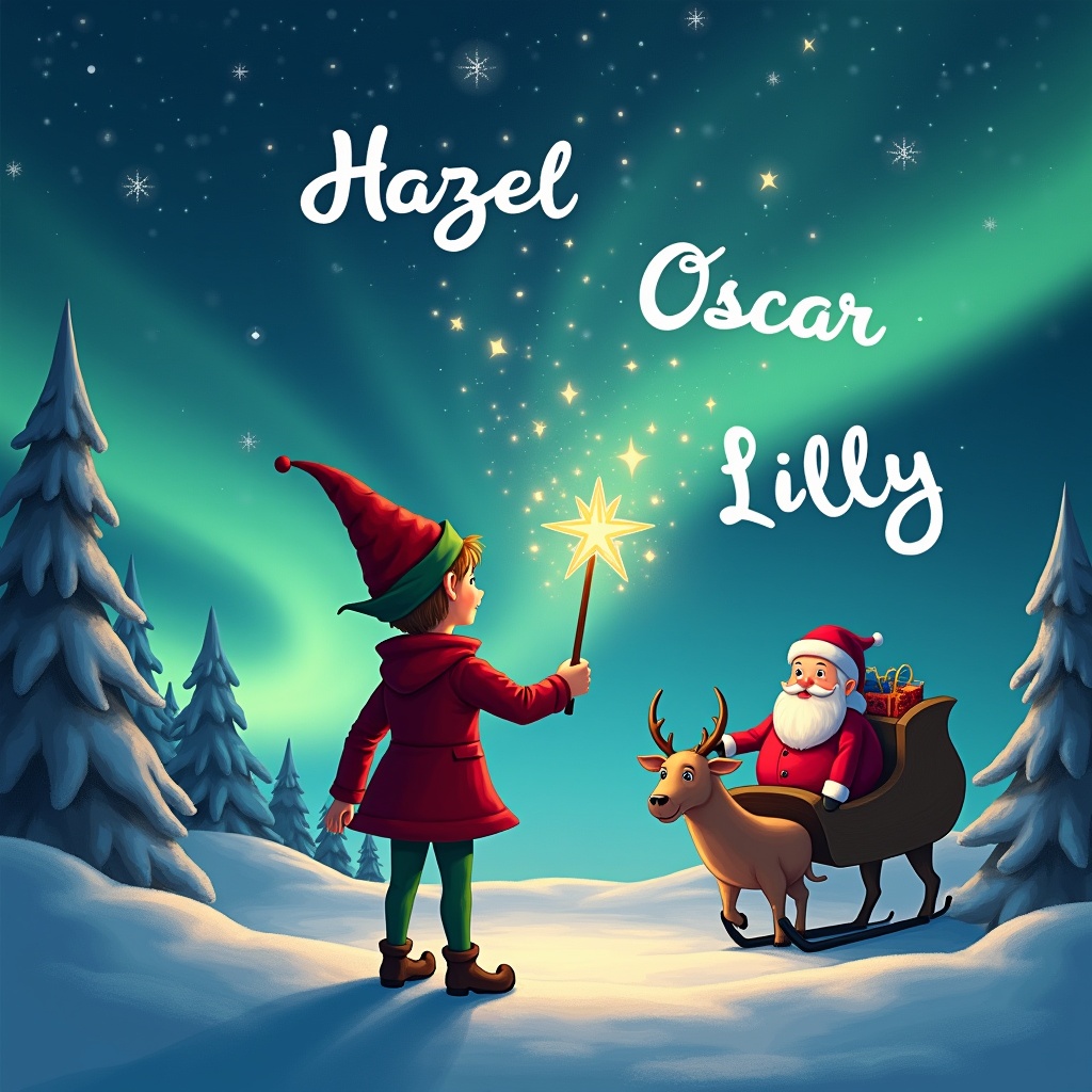 Elf faces magical sky with back to viewer. Using wand to write names 'Hazel', 'Oscar', 'Lilly'. Background has northern lights and Santa with reindeer.