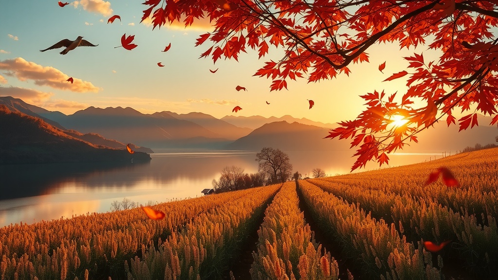 A picturesque autumn scene with a sunlit field by a tranquil lake and vibrant orange leaves falling from the trees.