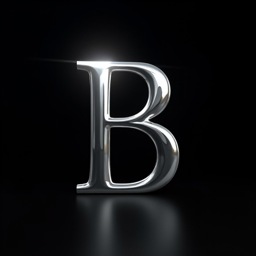 An iconic letter B made of chrome plating stands out prominently. The background is black providing contrast. Spotlights illuminate the letter giving it a shiny reflective quality.