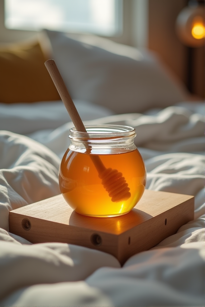 A jar of golden honey with a wooden dipper inside sits on a wooden tray, placed on a sunlit, rumpled bed.