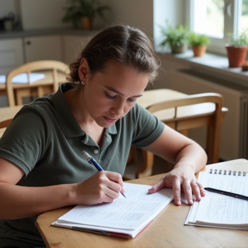 Person engaged in proofreading activities. Focus on writing notes with pen on desk. Natural light from window illuminates the workspace. Papers and notebook visible in the scene.