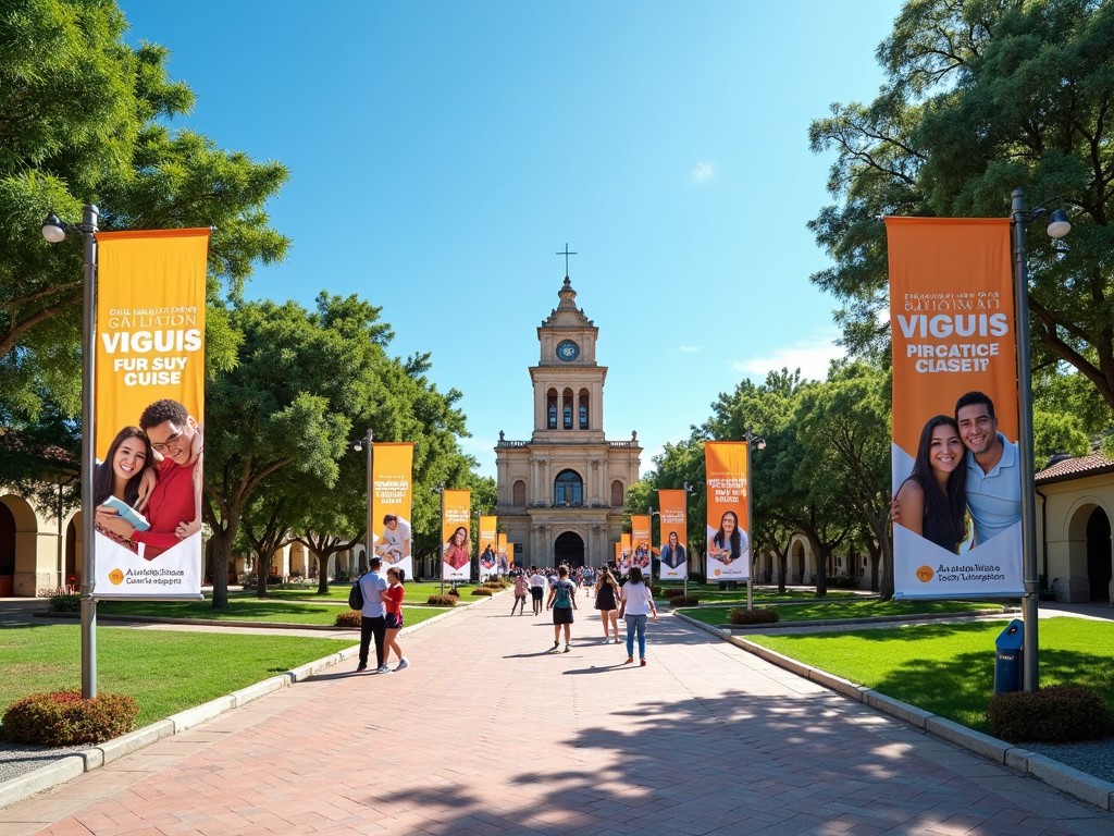 This image showcases the beautiful campus of the University of San Agustin under clear blue skies. Banners promoting enrollment hang prominently throughout the area, inviting prospective students to take action. The main building, adorned with a clock tower, serves as a focal point, framed by lush greenery. Students can be seen walking along the pathway, engaged in conversation and enjoying the vibrant atmosphere. This visual representation emphasizes the welcoming nature of the university and its dedication to education.