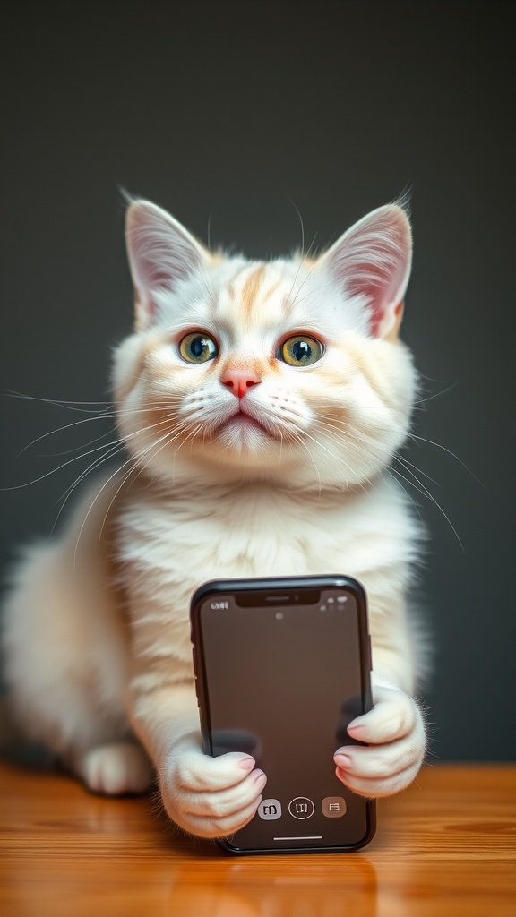 A cute cat holding a smartphone with tiny human-like hands.