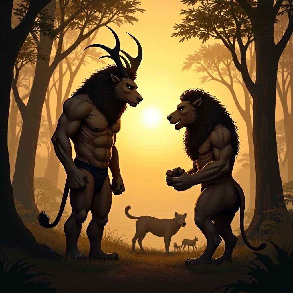 Baali and Sugreev stand face-to-face in a dense forest clearing under a golden sunset. Baali is muscular and towering, and Sugreev is slightly smaller but determined. The atmosphere is tense, with animals in the distance watching silently.