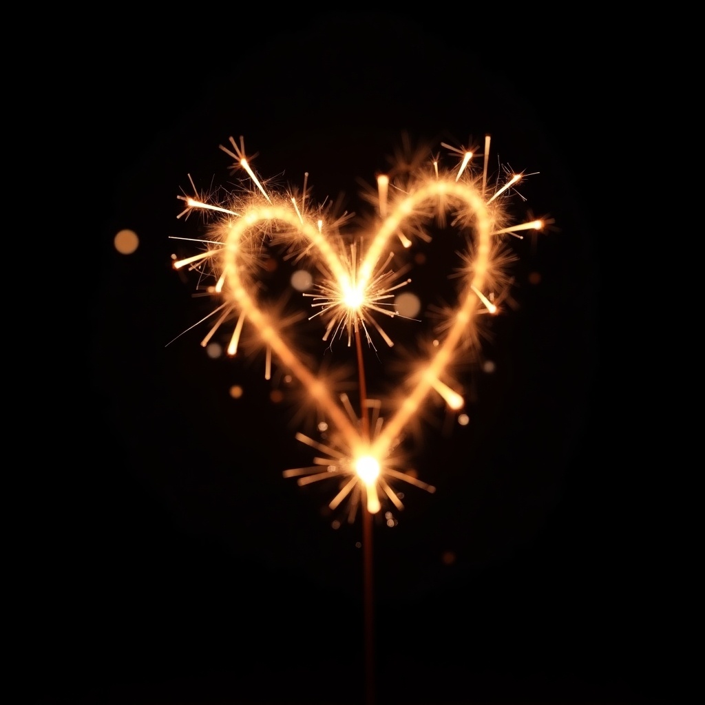 A heart shaped sparkler is beautifully lit up in the dark. The glowing sparkler forms an enchanting heart shape that radiates light. The black background enhances the vibrancy of the sparks, creating a mesmerizing visual. This image evokes feelings of love and celebration. It's perfect for illustrating themes of connection and joy.