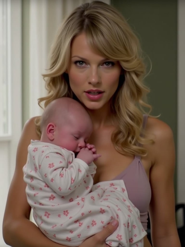 Woman holding a baby in an indoor setting. The woman has long wavy hair and is wearing a sleeveless top. The baby is dressed in a floral onesie. Warm natural light filters through the windows, creating a soft atmosphere.