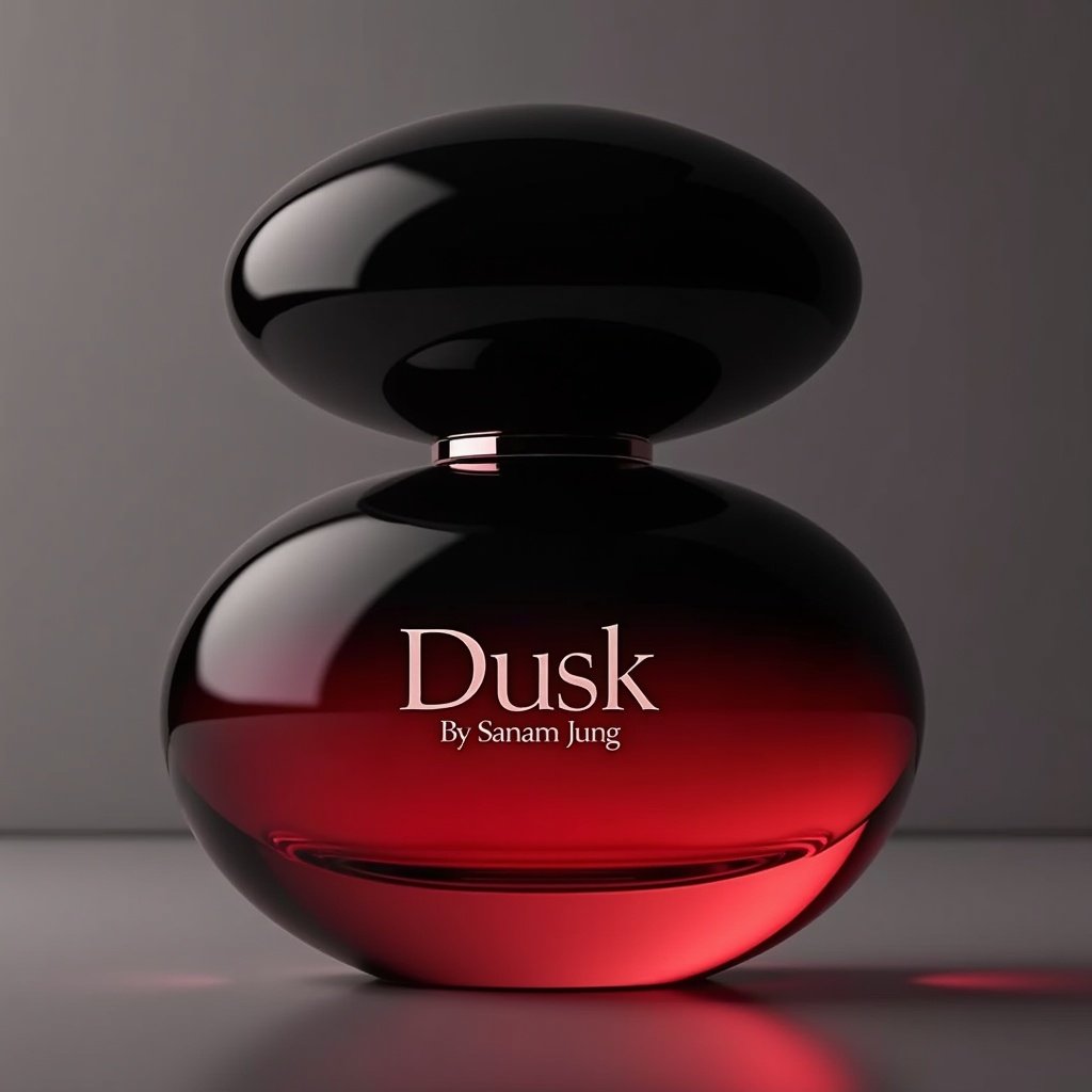 Elegantly designed perfume bottle with modern rounded shape. Vibrant gradient from black at top to deep reddish bottom. Prominent logo 'Dusk' in contemporary font. Text 'By Sanam Jung' in sleek black. Luxurious feel with soft lighting.