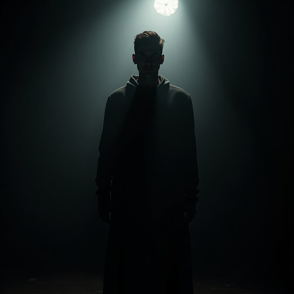 Dark atmosphere with a hyper realistic feel. A lone man stands in a photoshoot setting. The background is filled with shadows and a spotlight focuses on him.