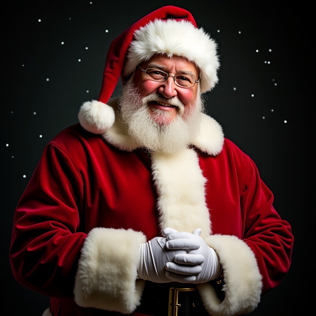 Image features Santa Claus in a traditional red and white suit. Santa expresses joy and warmth. Background is dark, enhancing the festive theme. Captures the essence of Christmas.