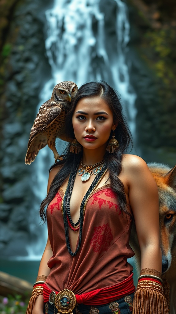 A woman stands confidently with an owl perched on her shoulder and a wolf beside her in front of a waterfall.