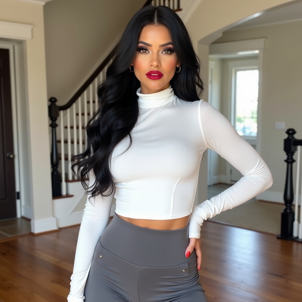 An Instagram model poses confidently in a stylish home interior. She wears a fitted white long-sleeve shirt that emphasizes her figure, paired with high-waisted gray leggings. The model has long, wavy black hair styled elegantly and sports bold makeup, including vibrant red lipstick. The background features sleek wooden flooring and a decorative railing, enhancing the modern vibe. The scene radiates confidence and contemporary fashion, making it perfect for social media and lifestyle branding.