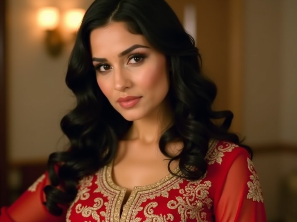 A close-up portrait of a woman with long curly hair, wearing a traditional red and gold outfit, looking confidently at the camera with soft, warm lighting.