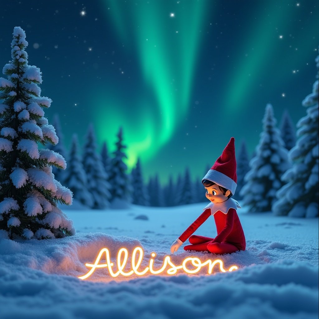 An animated elf in snow wearing a red outfit writes the name 'Allison' in cursive. The name glows beautifully. A night sky with northern lights and snow-covered pine trees adds magic.