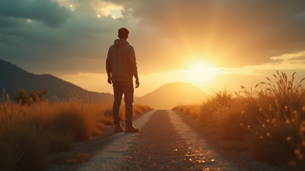 A person standing on a deserted road at sunset, surrounded by fields, looking towards the horizon.