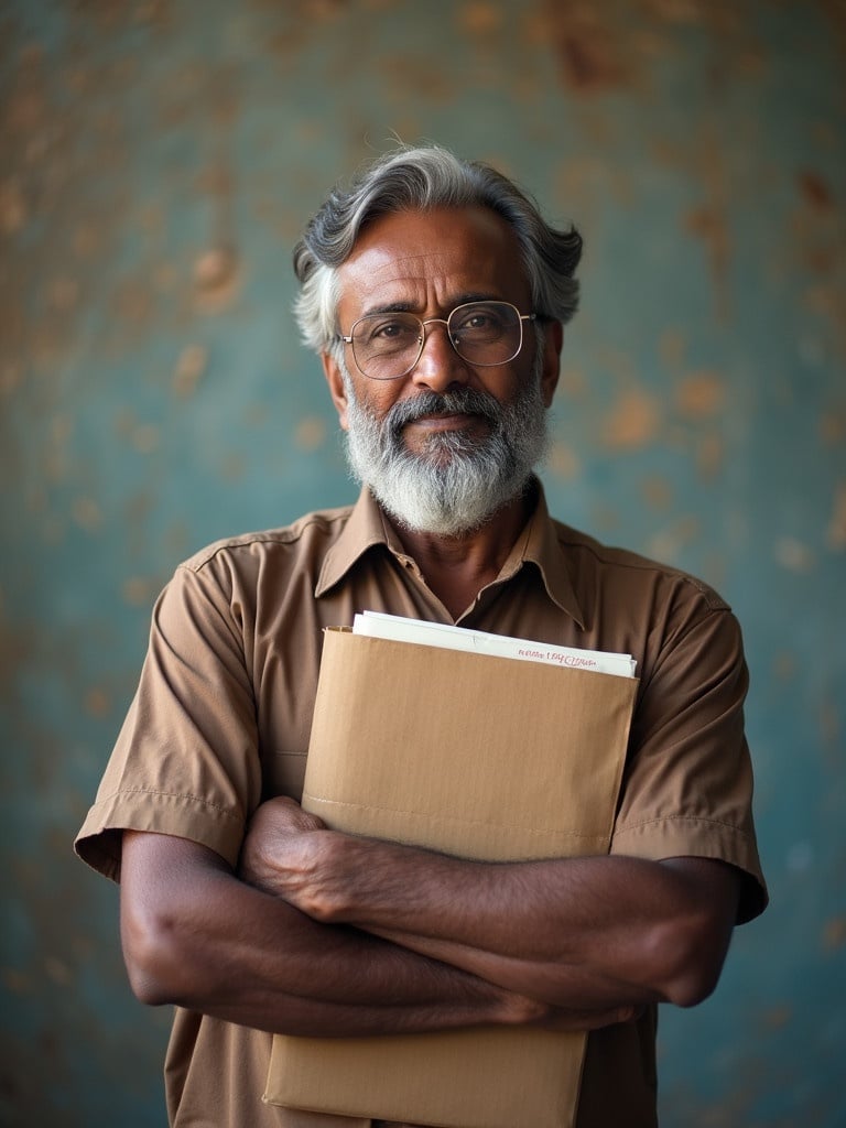 Indian man stands with arms crossed holding a file. Background has textured teal and gold surface. Subject is dressed in a brown shirt showcasing professionalism and readiness.