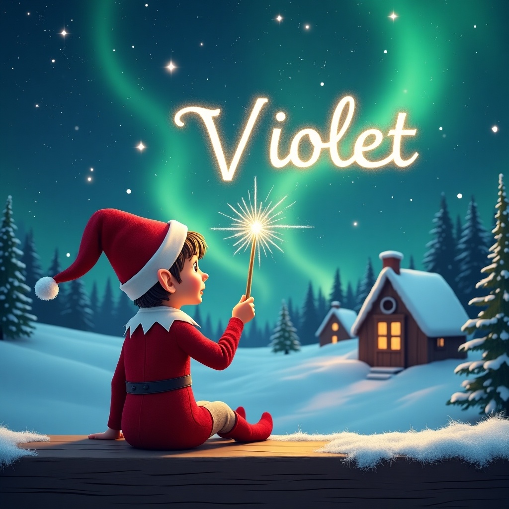 An elf sits on a wooden ledge with its back to the camera, gazing at a magical sky. The elf, dressed in a red outfit with a pointed hat, holds a sparkling wand. With the wand, the elf elegantly writes the names 'Violet' in the starry sky. The background features a snowy landscape with charming little houses and evergreen trees under the shimmering Northern Lights. This whimsical scene captures the essence of childhood magic and Christmas cheer.