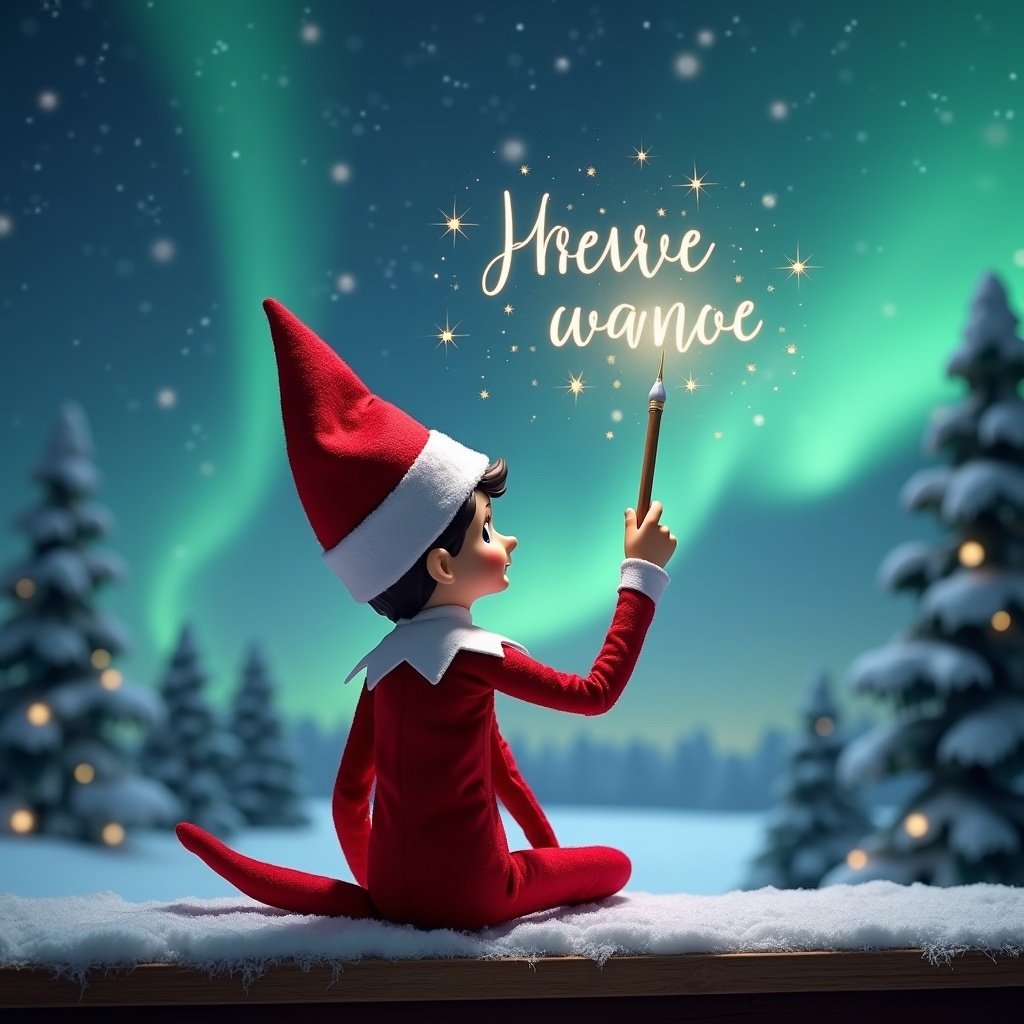 Elf on the shelf character faces sky while using a wand to write a name. Background features a magical Christmas scene with northern lights and Santa in the distance.