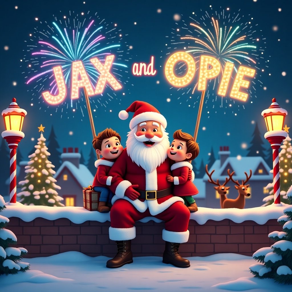 North Pole setting with snow, twinkling lights, and candy cane street lamps. Two boys named Jax and Opie sitting happily on a shelf with Santa Claus. The night sky features vibrant fireworks spelling their names. Santa in a classic red suit surrounded by falling snow with a glowing stick. Fairy lights twinkling around Christmas trees in a warm and magical scene.