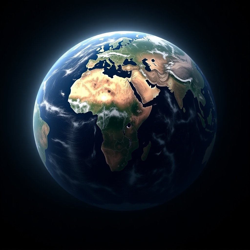 Realistic image of Earth from space displaying a non-spherical shape. Scientific data representation. Detailed features of Earth including continents, oceans, and atmospheric effects. A visual perspective from space with focus on geographical landscapes.