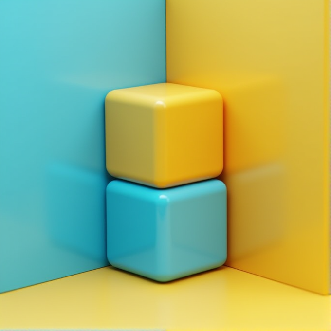 Two glossy cubes, one yellow and one blue, are stacked against a yellow and blue wall.