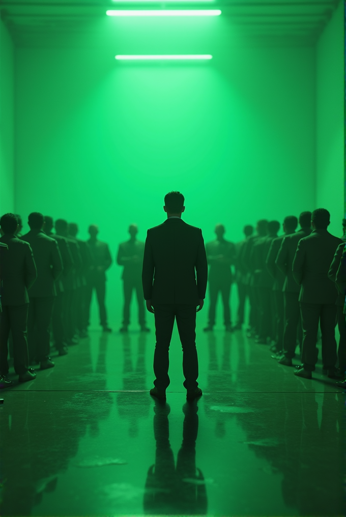 A silhouetted figure stands in a green-lit room, flanked by rows of identical figures on either side.