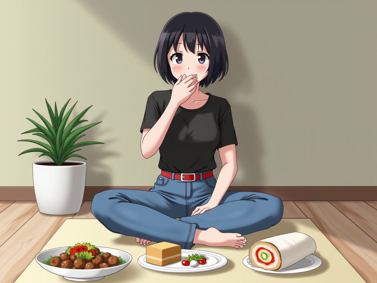 This image features a young woman sitting cross-legged on the floor, enjoying a meal. She has short black hair and is wearing a simple black t-shirt paired with blue jeans and a red belt. On the floor in front of her, there is a plate with a piece of cake and some colorful vegetables. To the side, there's a bowl filled with what appears to be meatballs and vegetables, along with a wrapped sandwich. The setting looks cozy, with a green plant in a pot in the background, and the walls are a neutral color, enhancing the relaxed atmosphere.