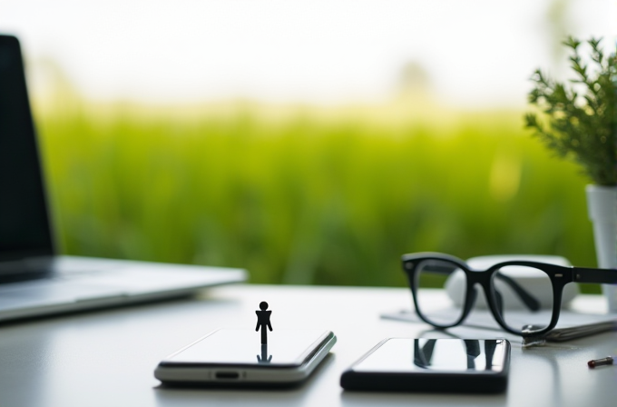 A small figure stands on a smartphone in a bright, minimalist workspace with a laptop, glasses, and a potted plant, set against a blurred background of lush greenery.