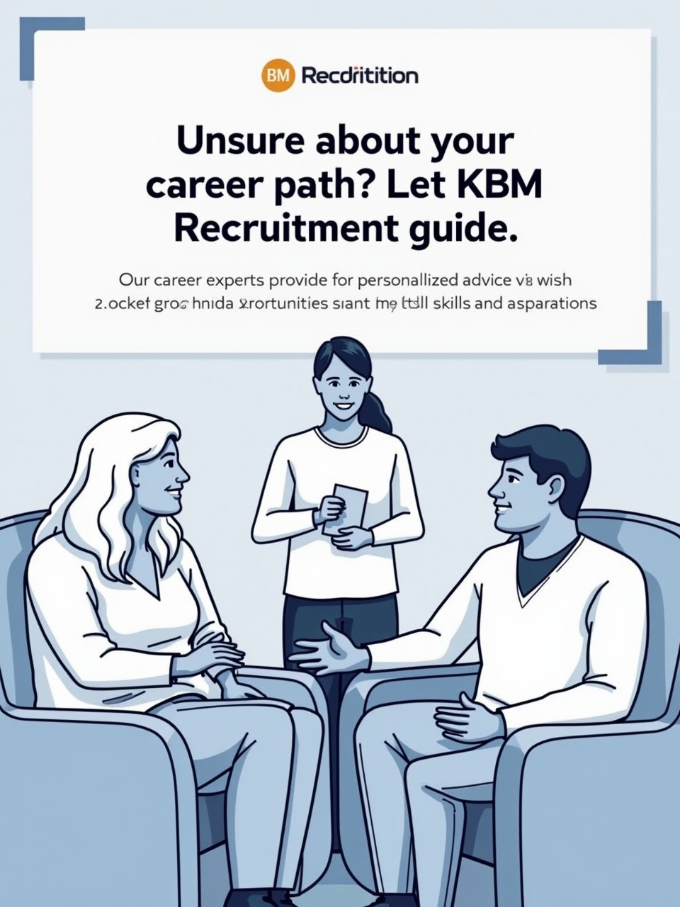 An informative illustration advertising career guidance services, featuring text about recruitment guidance and a group of people interacting in a professional setting.