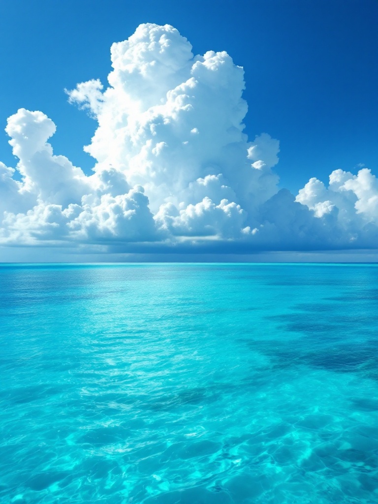 Image depicting the Caribbean Sea with vibrant turquoise water. A vast blue sky filled with stunning white clouds. Cloud shapes should resemble the word Quest. Horizon blends into the scene for a tranquil feel.