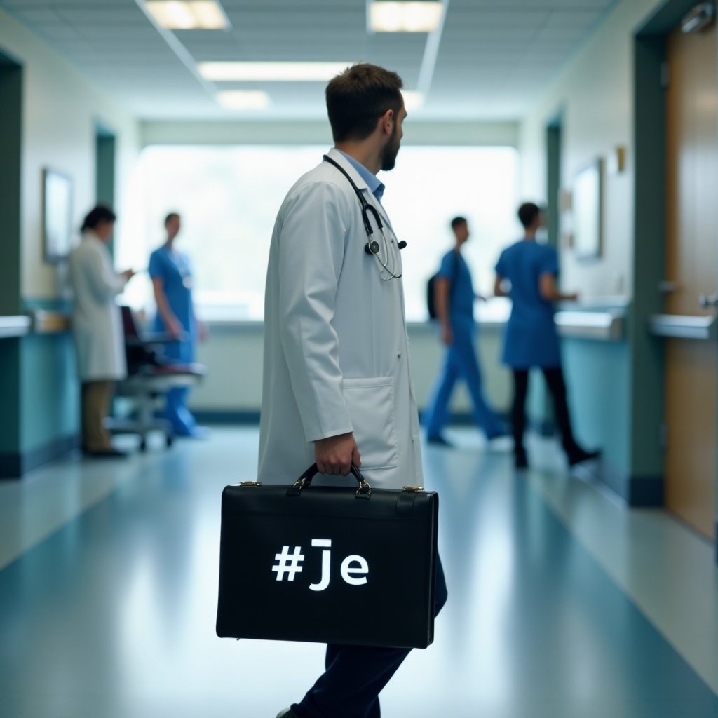 Doctor carrying a briefcase with text in Chinese. Hospital background. Medical environment with staff in scrubs at work.