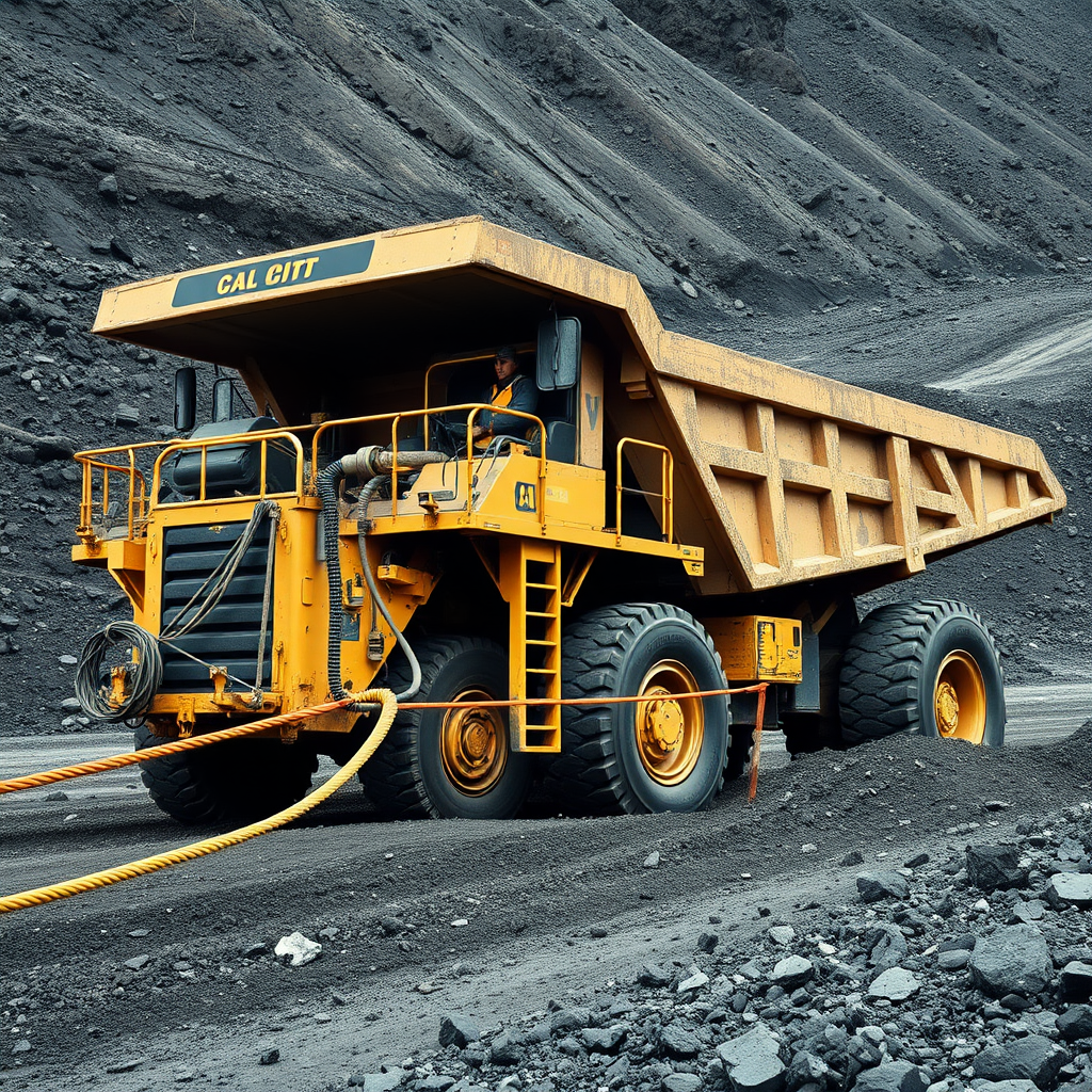 A large yellow mining truck is parked on a rocky surface with a driver inside.