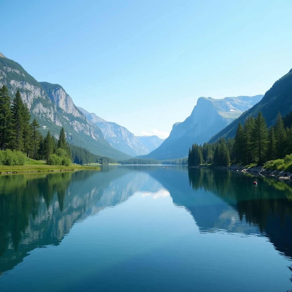 The image showcases a stunning natural landscape featuring a serene lake surrounded by majestic mountains. The sky is clear and blue, enhancing the purity of the scene. The surface of the lake is calm, providing a perfect mirror for the surrounding trees and mountain peaks. The lush greenery surrounding the lake adds to the picturesque beauty, creating an ideal spot for relaxation or recreation. This tranquil setting evokes feelings of peace and serenity, making it an attractive destination for nature lovers and outdoor enthusiasts.