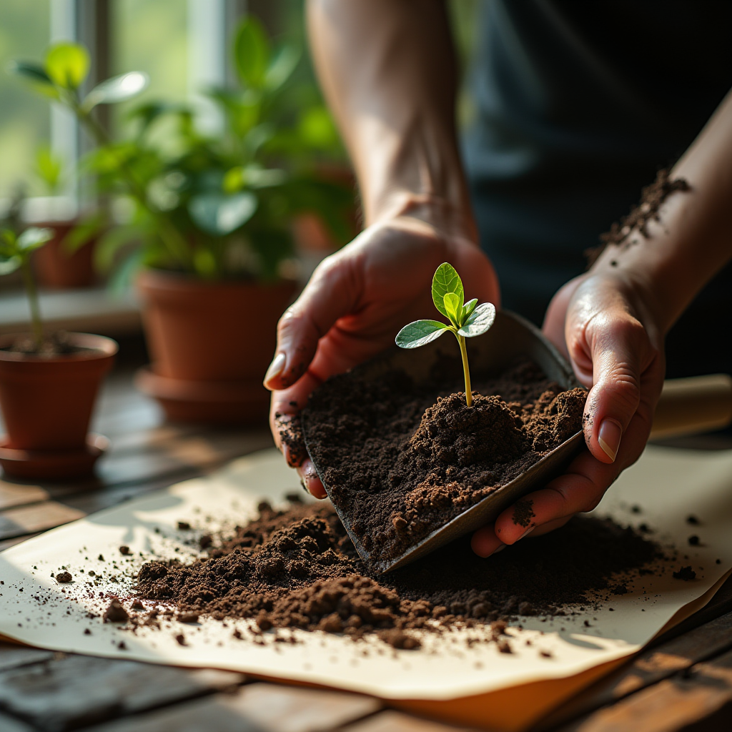 A person carefully holds a young plant seedling in rich soil, capturing a moment of gardening indoors.