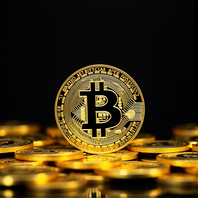 The image shows a golden Bitcoin standing upright among a pile of coins on a dark background.