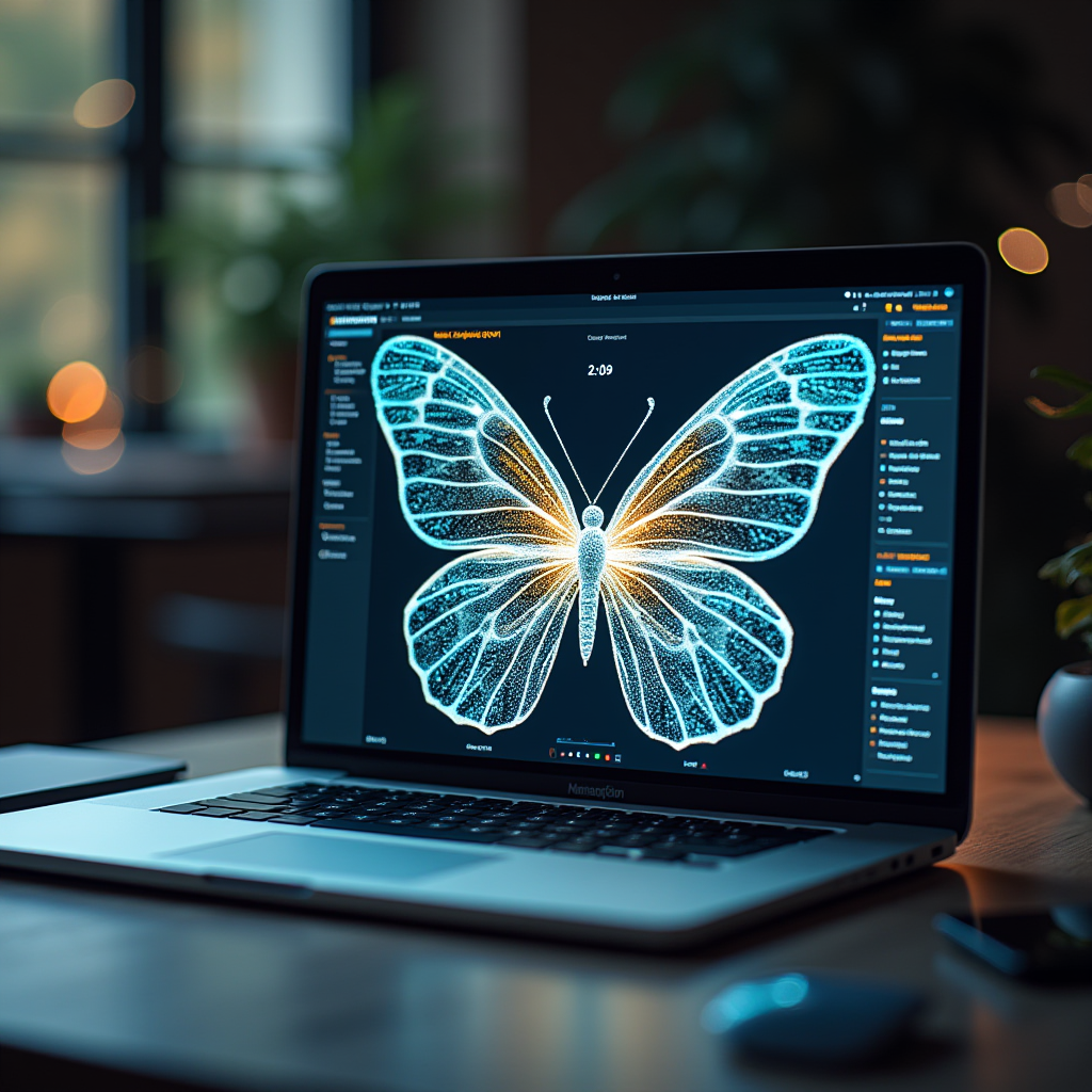 A laptop screen displays a glowing digital butterfly in a dark room.